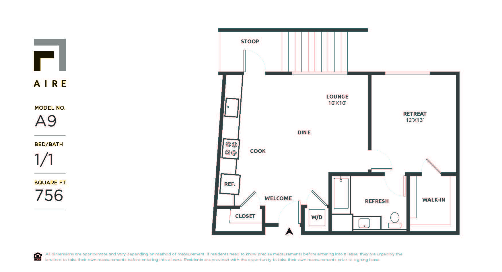 Floor plan for 1 bed, 1 bath, 756 sqft