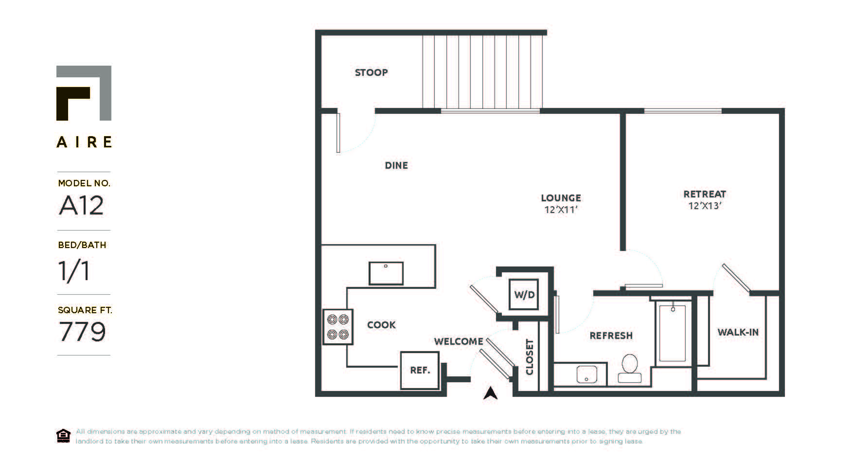 Floor plan for 1 bed, 1 bath, 779 sqft