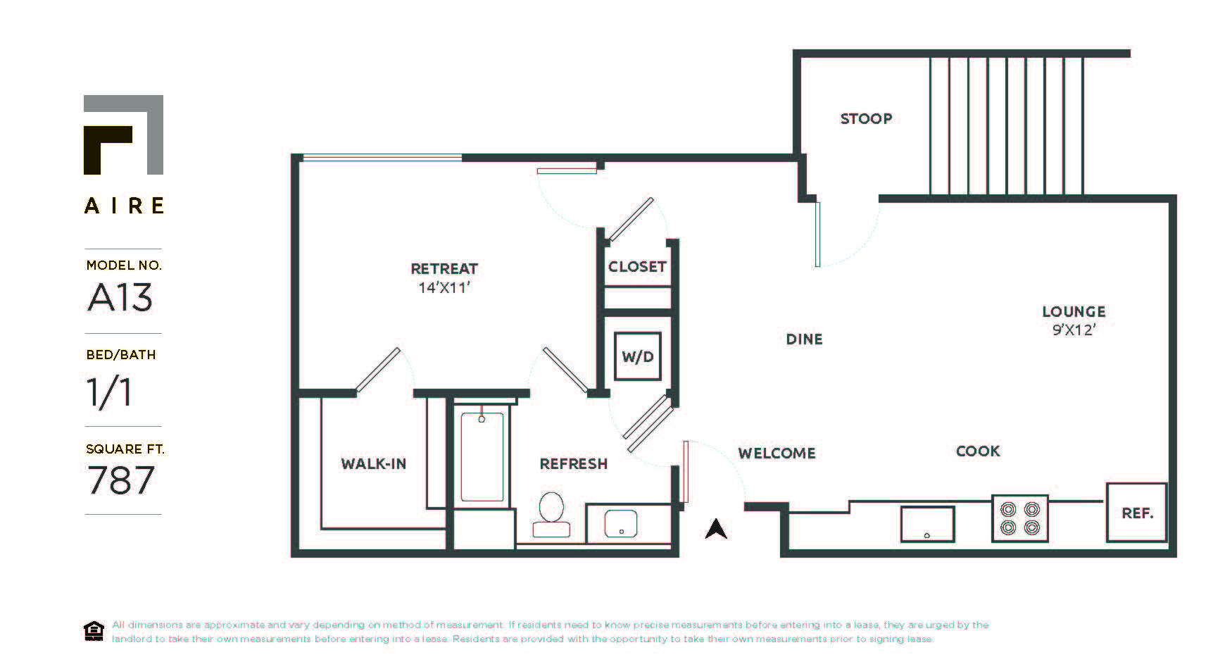 Floor plan for 1 bed, 1 bath, 787 sqft