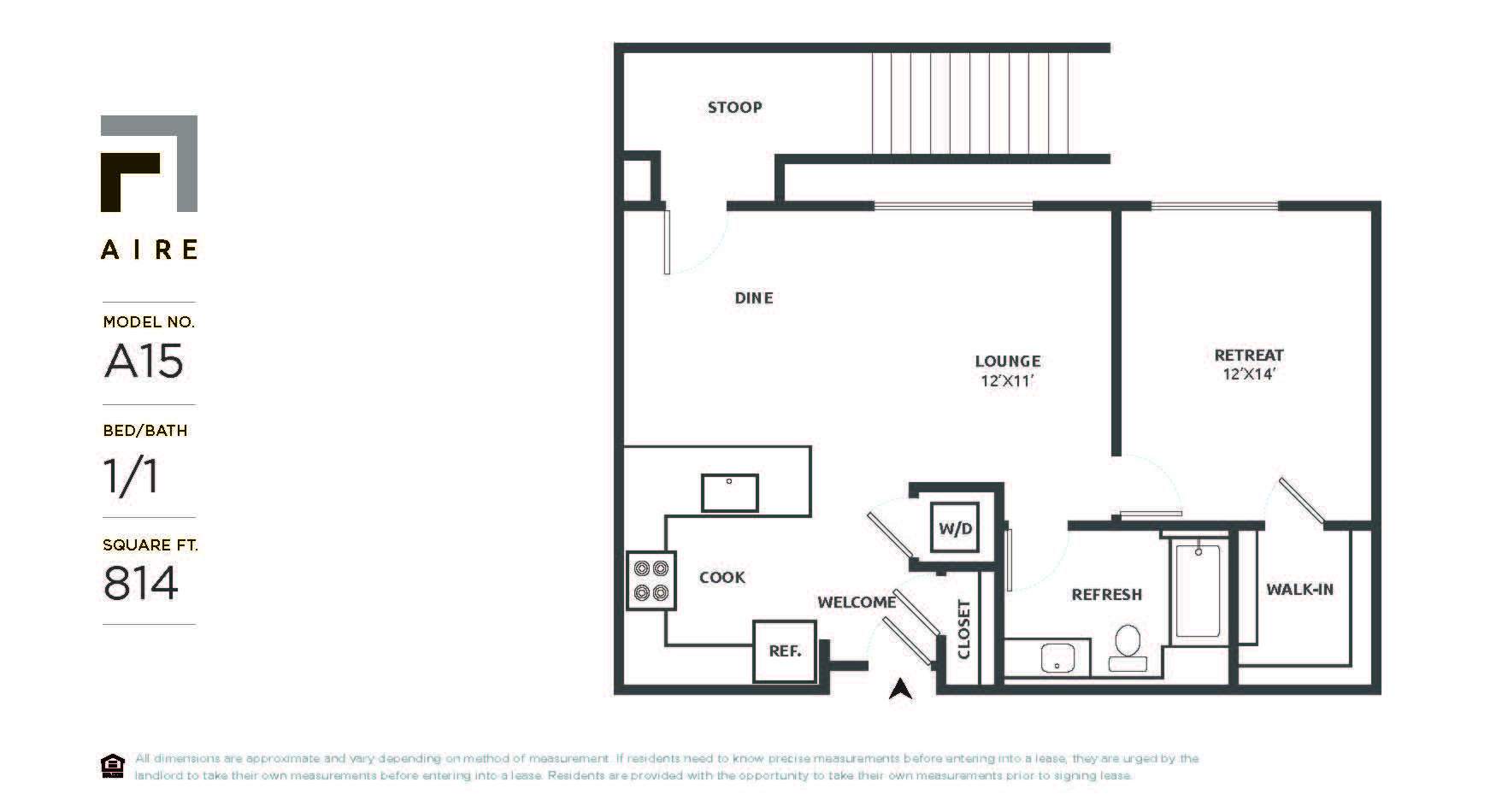 Floor plan for 1 bed, 1 bath, 814 sqft
