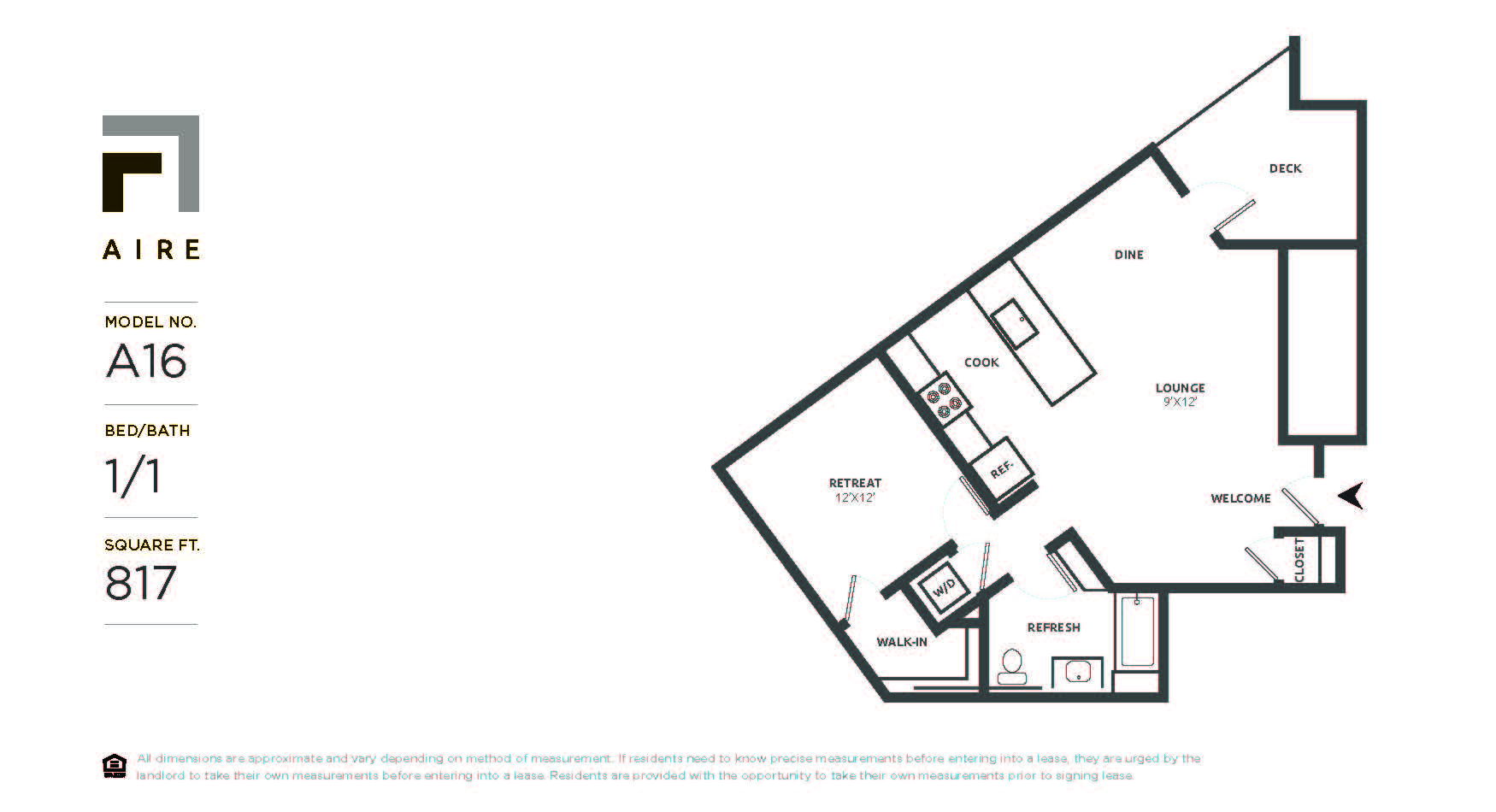 Floor plan for 1 bed, 1 bath, 817 sqft