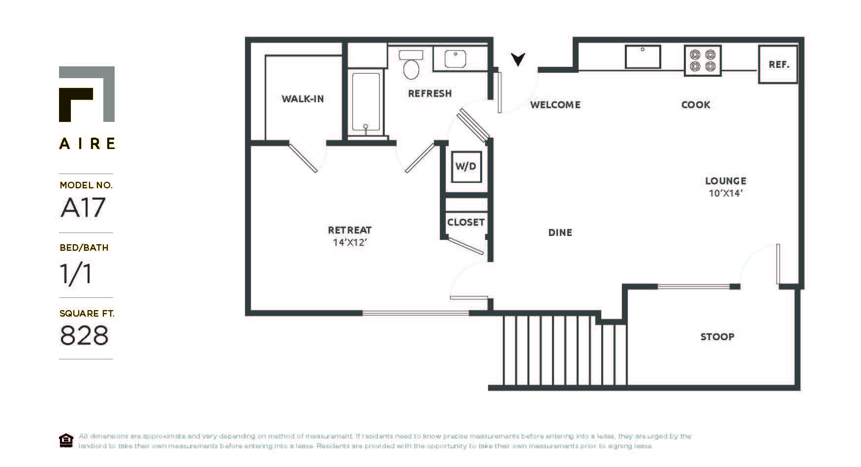 Floor plan for 1 bed, 1 bath, 828 sqft
