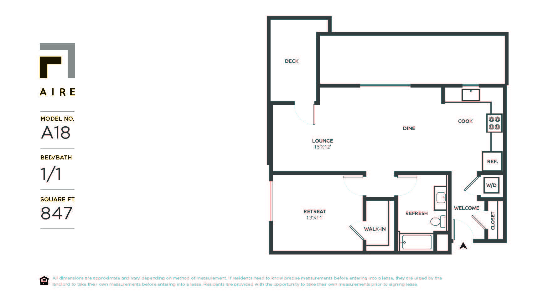 Floor plan for 1 bed, 1 bath, 847 sqft