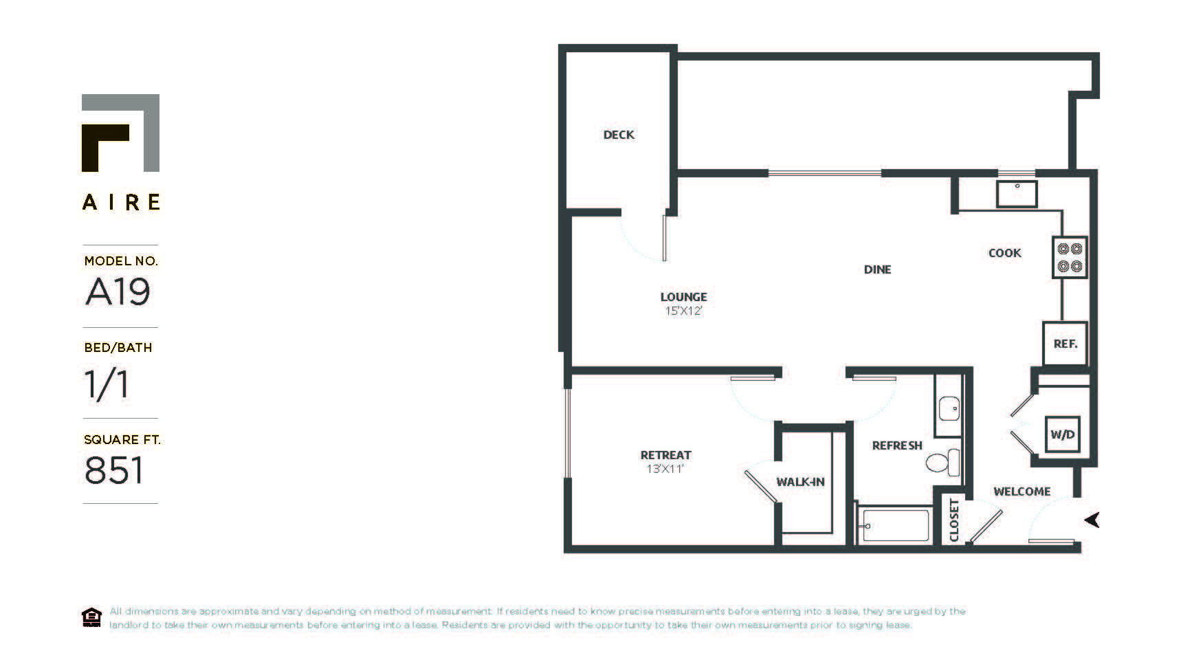 Floor plan for 1 bed, 1 bath, 851 sqft