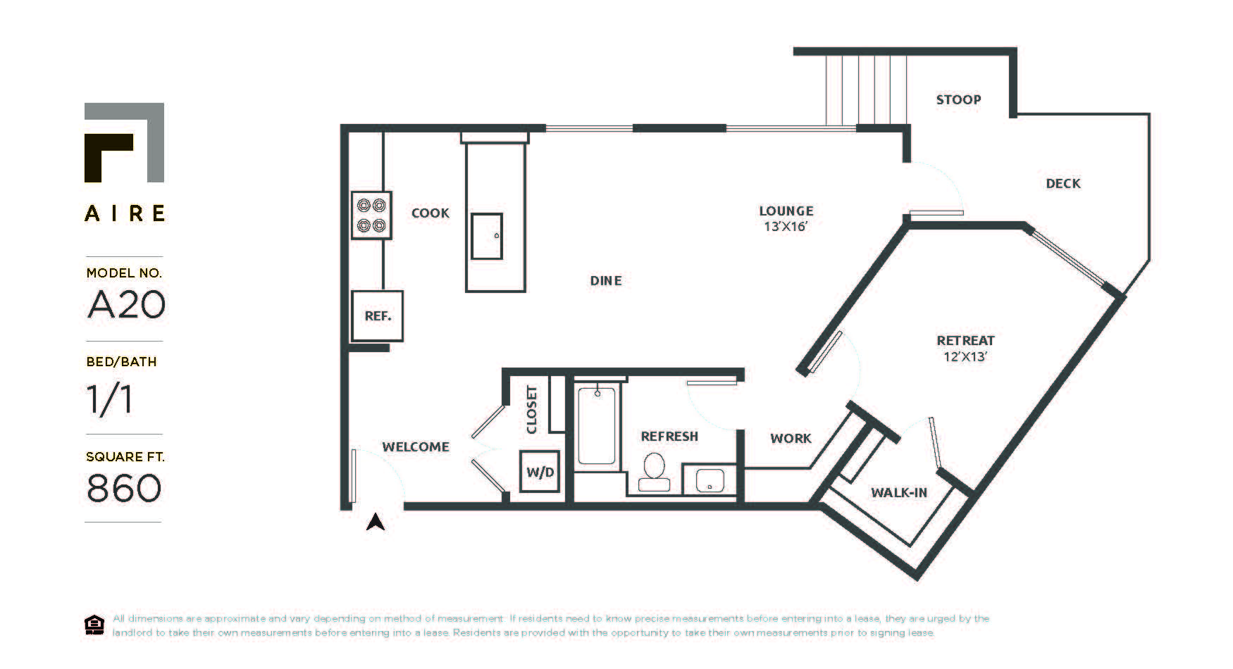 Floor plan for 1 bed, 1 bath, 860 sqft