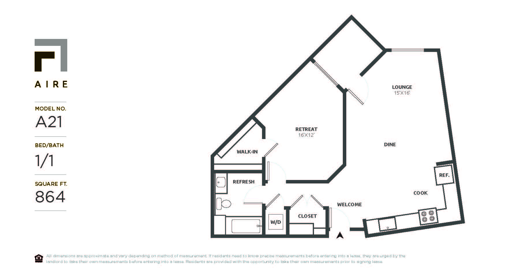 Floor plan for 1 bed, 1 bath, 864 sqft