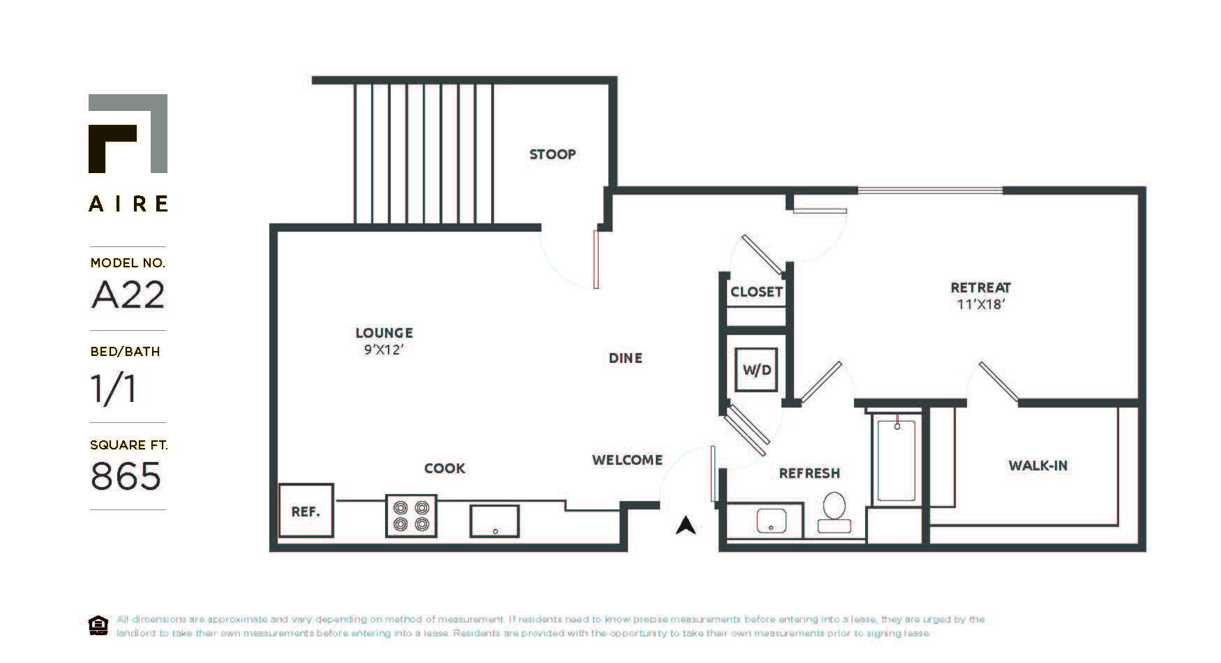Floor plan for 1 bed, 1 bath, 865 sqft