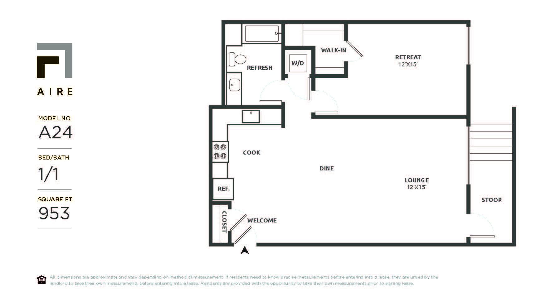 Floor plan for 1 bed, 1 bath, 953 sqft