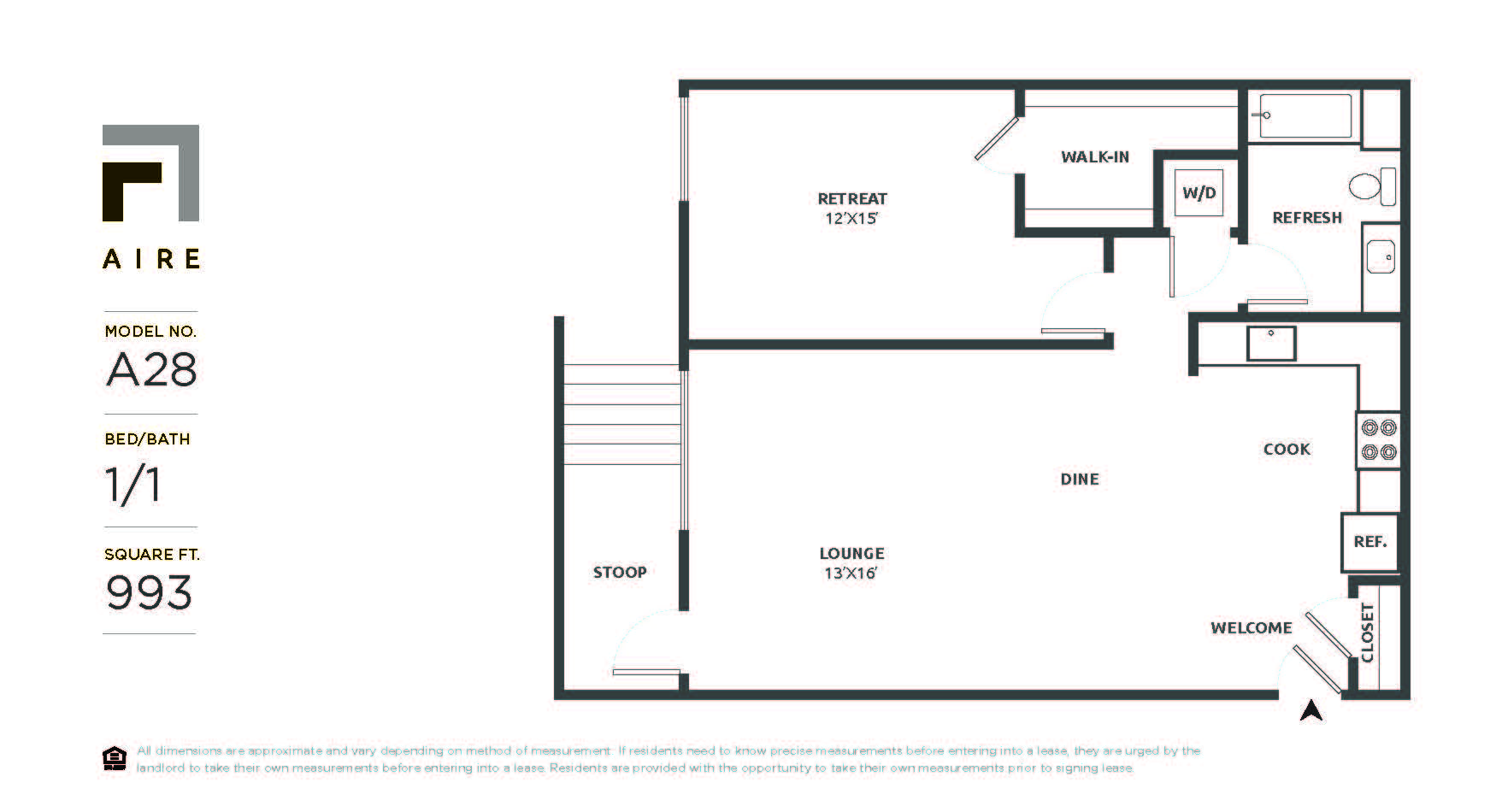 Floor plan for 1 bed, 1 bath, 993 sqft