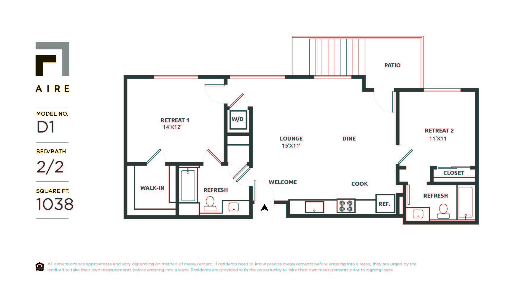 Floor plan for 2 beds, 2 baths, 1038 sqft