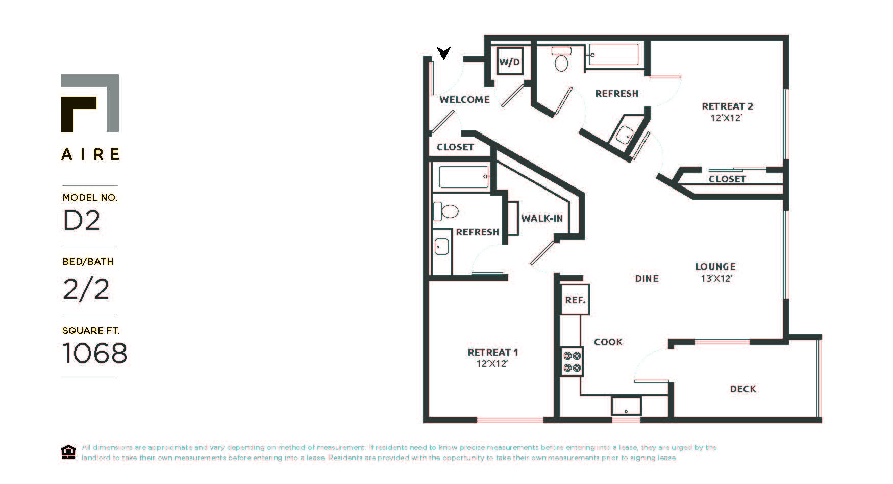 Floor plan for 2 beds, 2 baths, 1068 sqft
