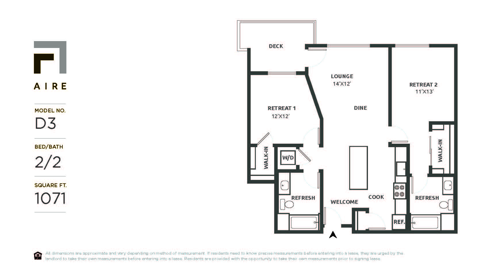 Floor plan for 2 beds, 2 baths, 1071 sqft