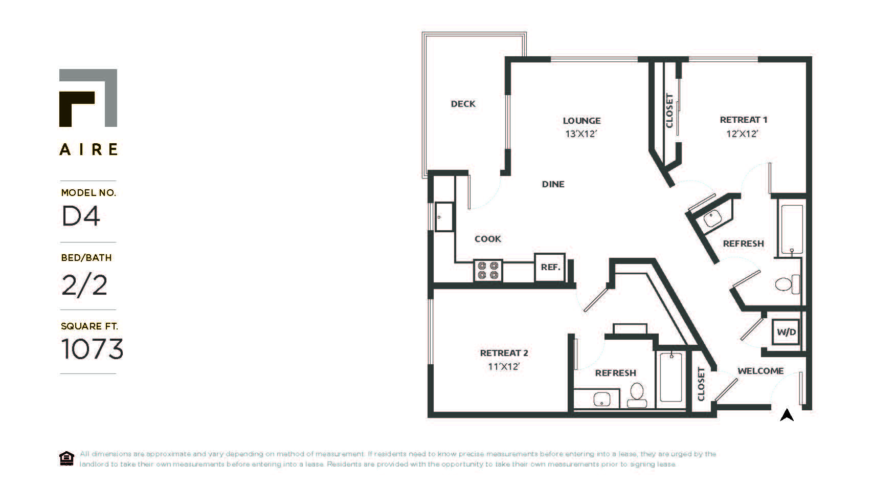 Floor plan for 2 beds, 2 baths, 1073 sqft