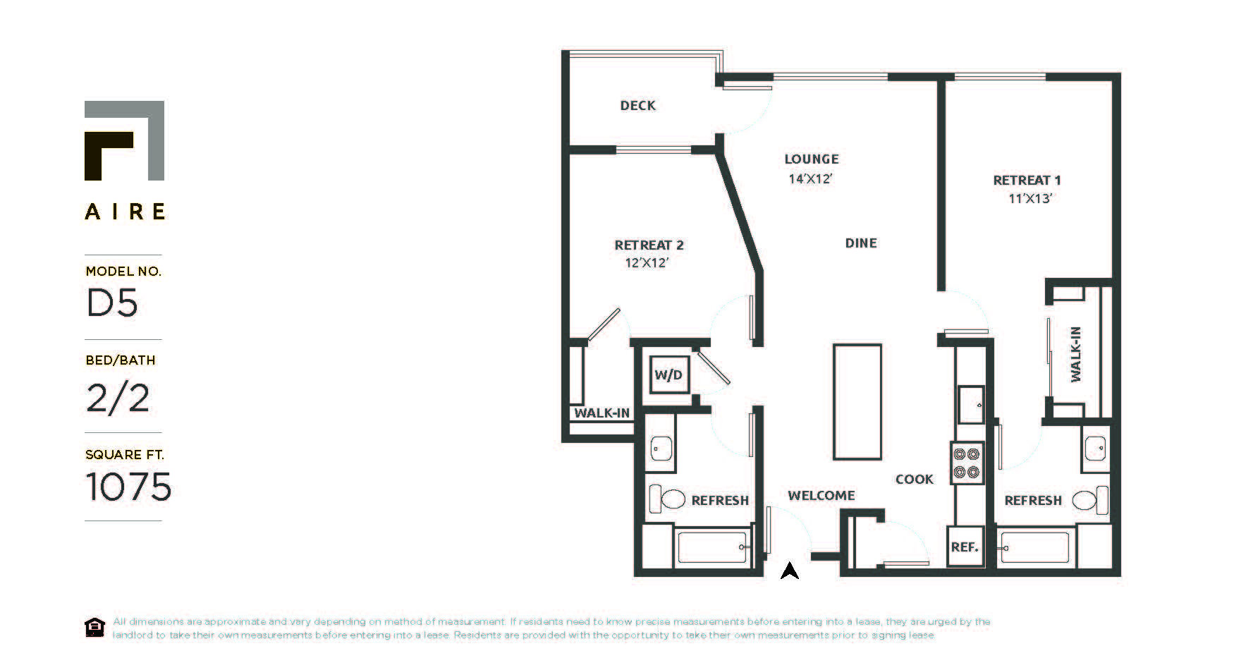 Floor plan for 2 beds, 2 baths, 1075 sqft