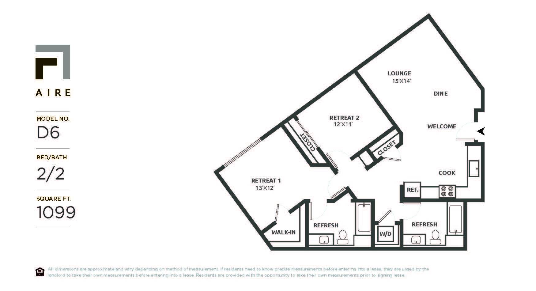Floor plan for 2 beds, 2 baths, 1099 sqft