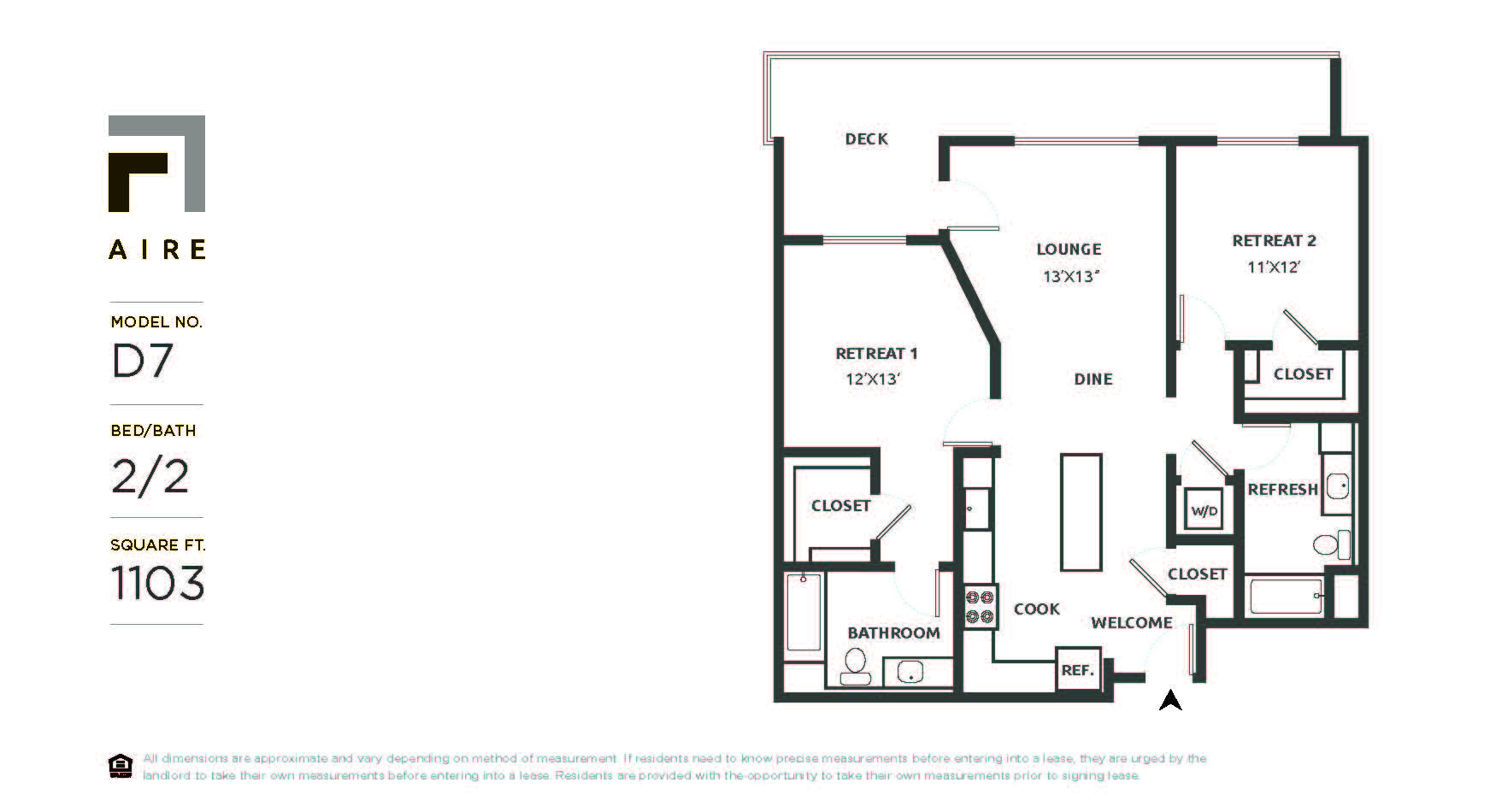 Floor plan for 2 beds, 2 baths, 1103 sqft