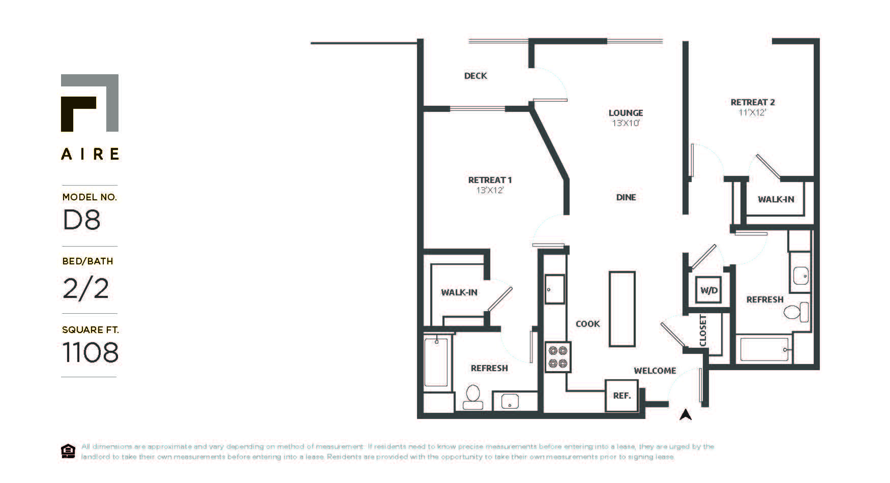 Floor plan for 2 beds, 2 baths, 1108 sqft