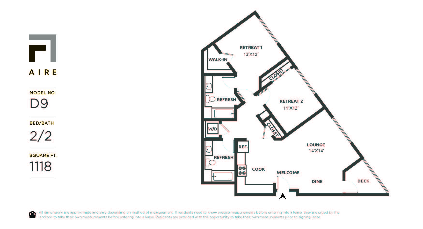 Floor plan for 2 beds, 2 baths, 1118 sqft