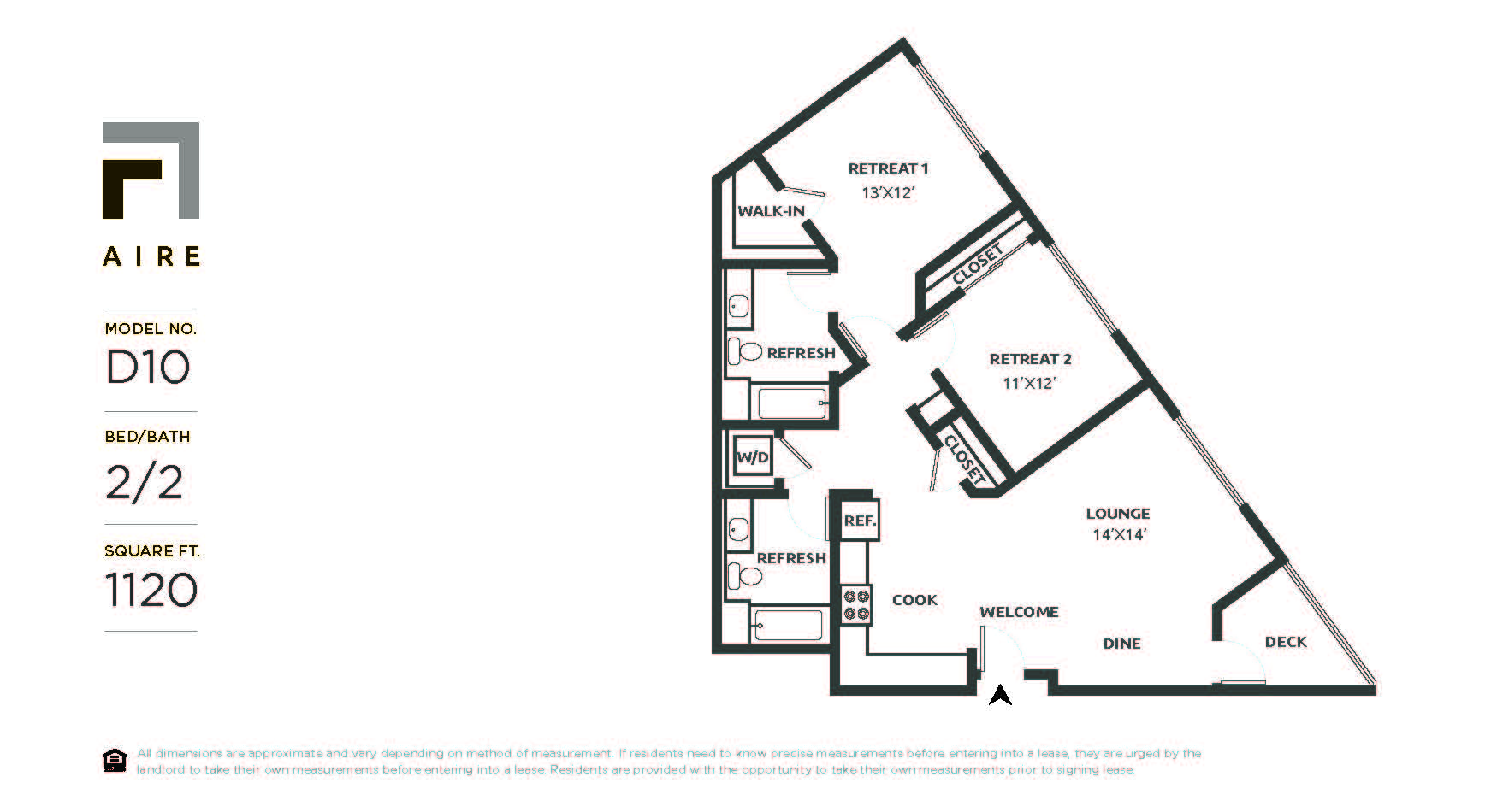 Floor plan for 2 beds, 2 baths, 1120 sqft