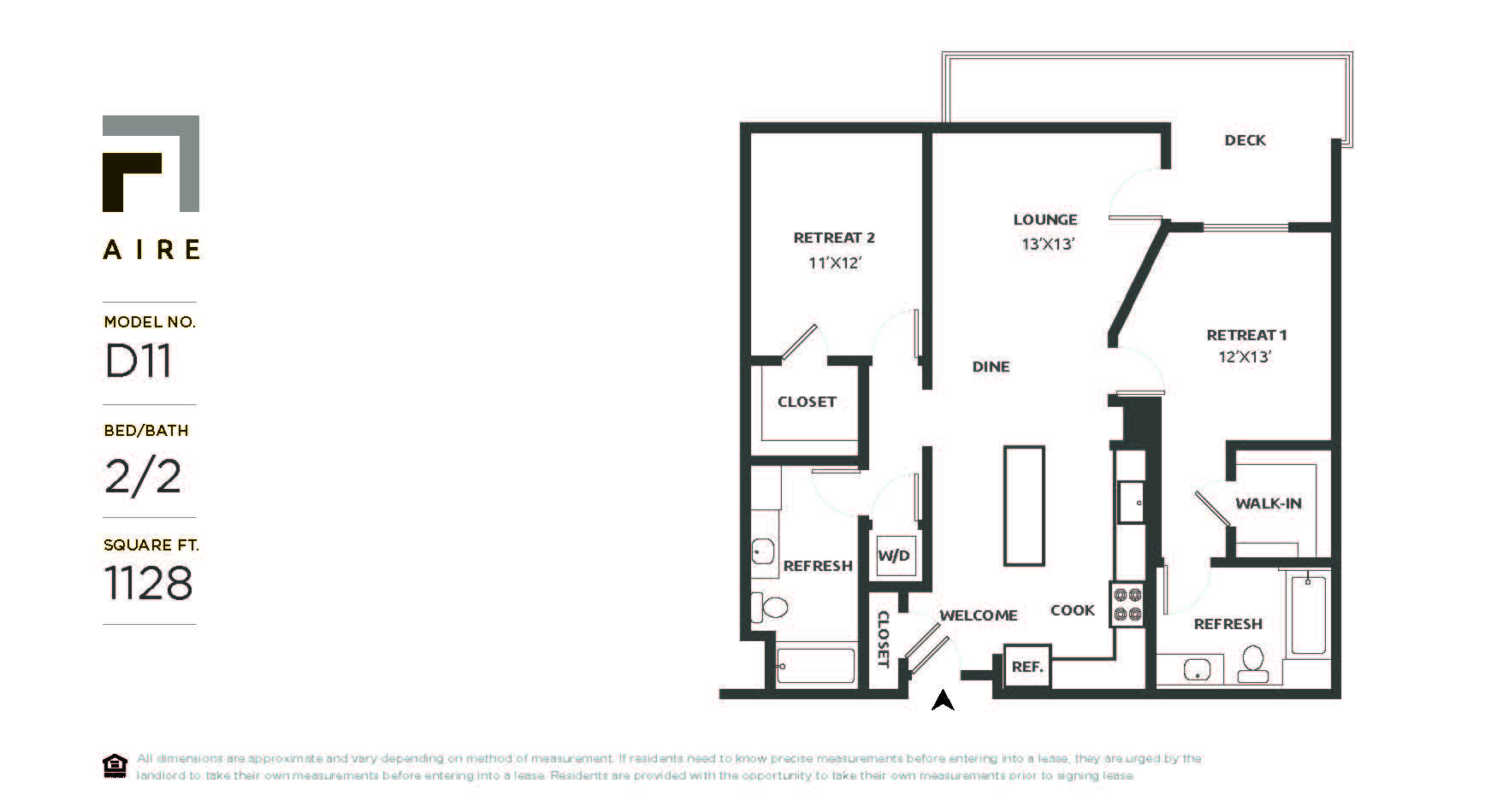 Floor plan for 2 beds, 2 baths, 1128 sqft