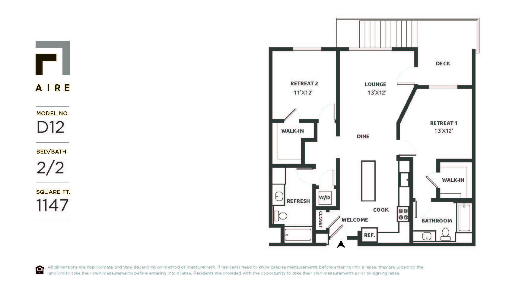 Floor plan for 2 beds, 2 baths, 1147 sqft