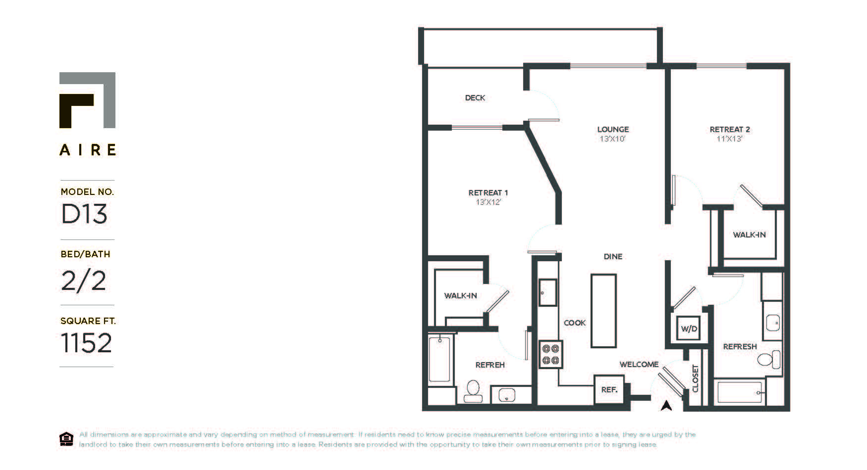 Floor plan for 2 beds, 2 baths, 1152 sqft