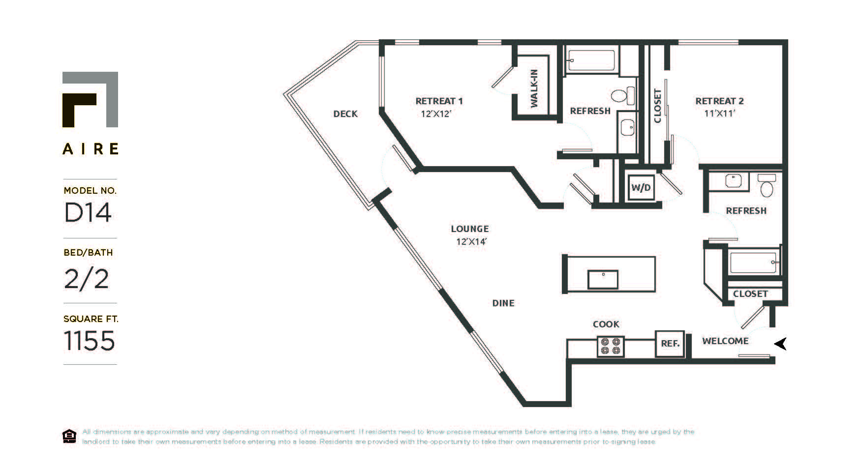 Floor plan for 2 beds, 2 baths, 1155 sqft