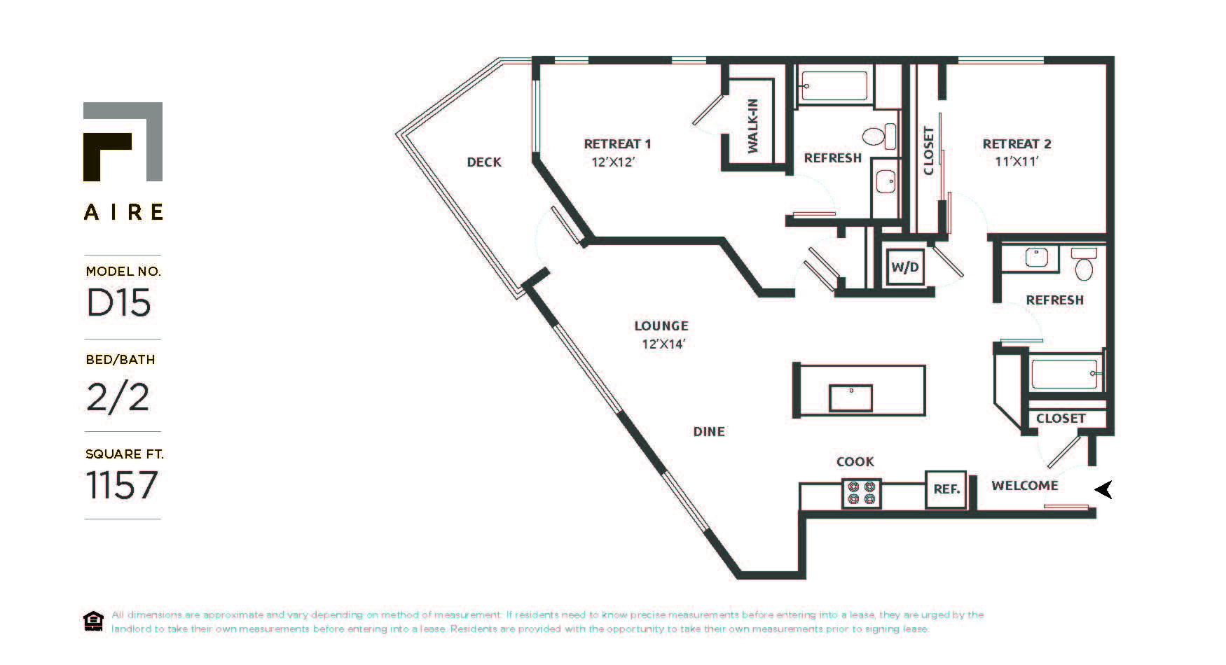 Floor plan for 2 beds, 2 baths, 1157 sqft