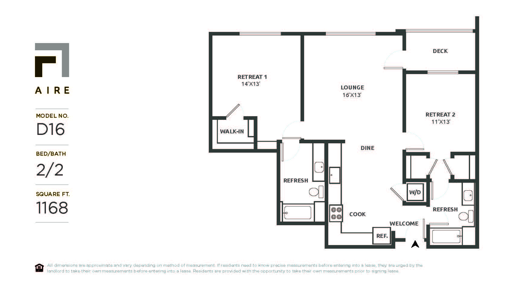 Floor plan for 2 beds, 2 baths, 1168 sqft