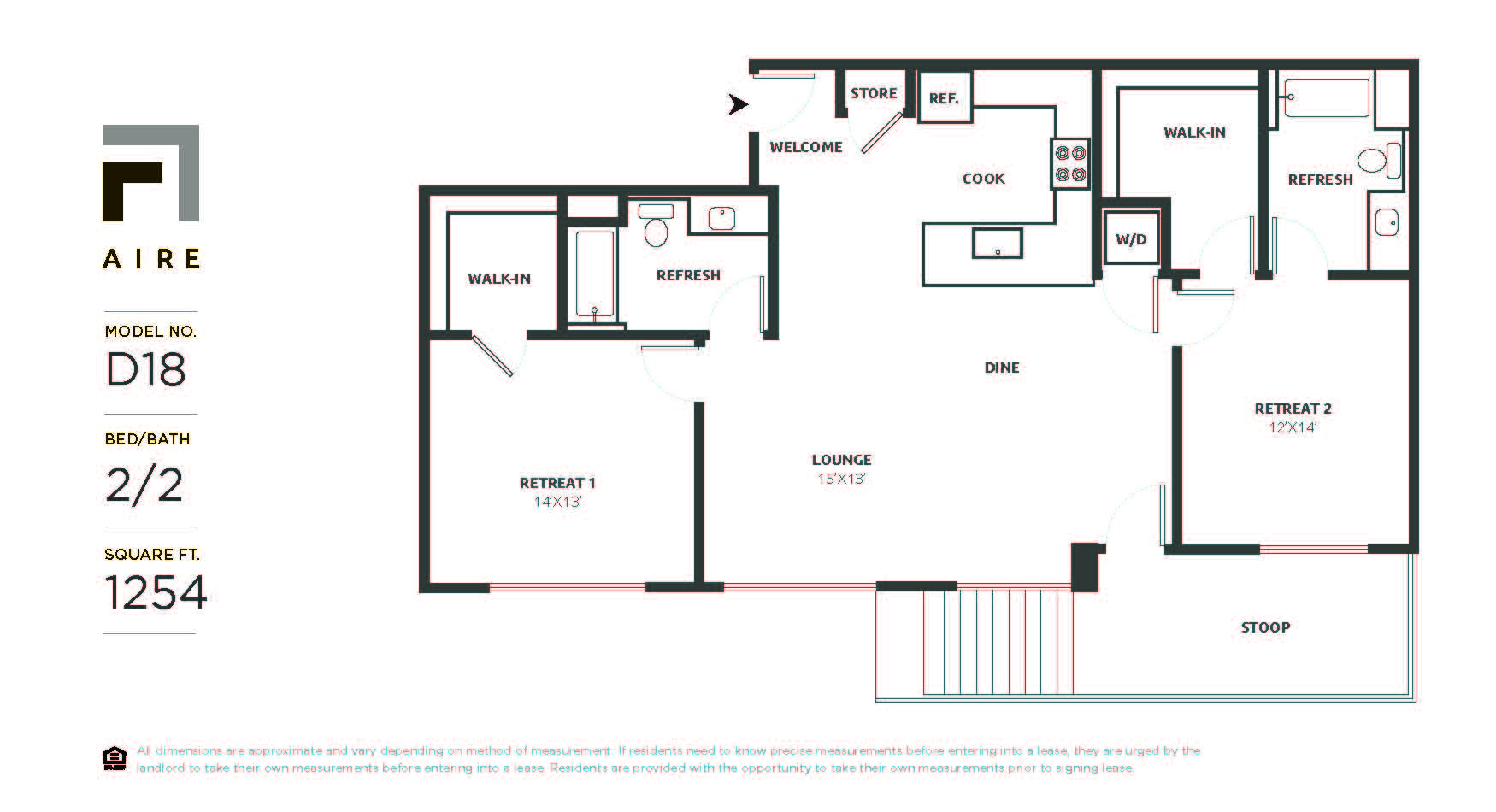 Floor plan for 2 beds, 2 baths, 1254 sqft