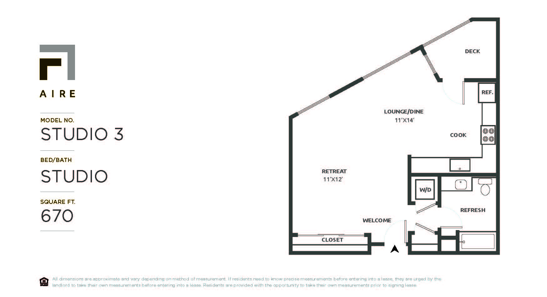 Floor plan for studio, 1 bath, 670 sqft