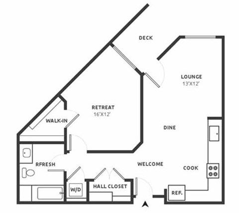 Floor plan for 1 bed, 1 bath, 761 sqft