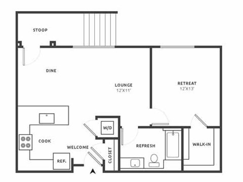 Floor plan for 1 bed, 1 bath, 777 sqft