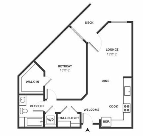 Floor plan for 1 bed, 1 bath, 795 sqft