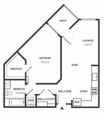 Floor plan for 1 bed, 1 bath, 898 sqft