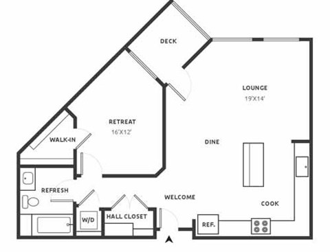 Floor plan for 1 bed, 1 bath, 952 sqft
