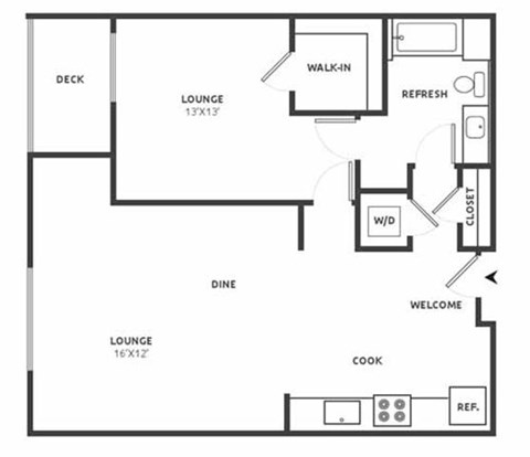 Floor plan for 1 bed, 1 bath, 979 sqft