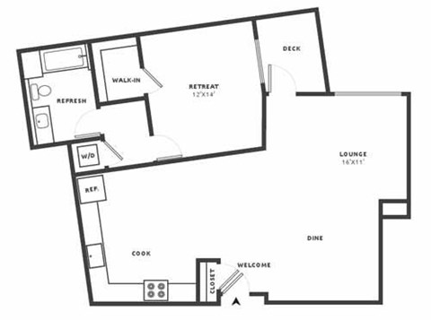 Floor plan for 1 bed, 1 bath, 1069 sqft