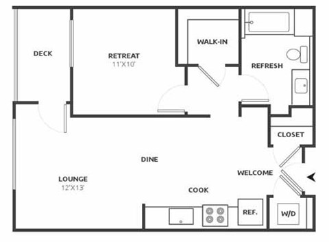 Floor plan for 1 bed, 1 bath, 700 sqft