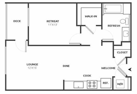 Floor plan for 1 bed, 1 bath, 747 sqft