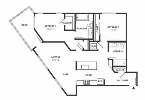 Floor plan for 2 beds, 2 baths, 1191 sqft