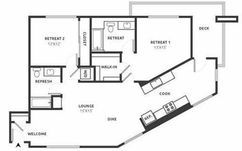 Floor plan for 2 beds, 2 baths, 1266 sqft
