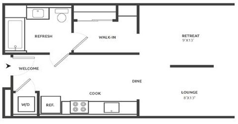 Floor plan for studio, 1 bath, 564 sqft