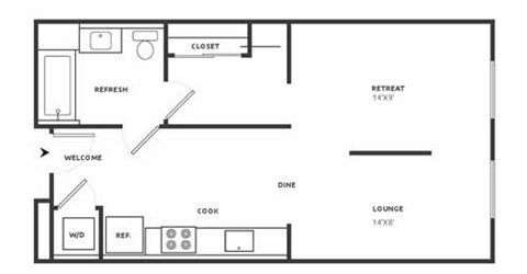 Floor plan for studio, 1 bath, 600 sqft