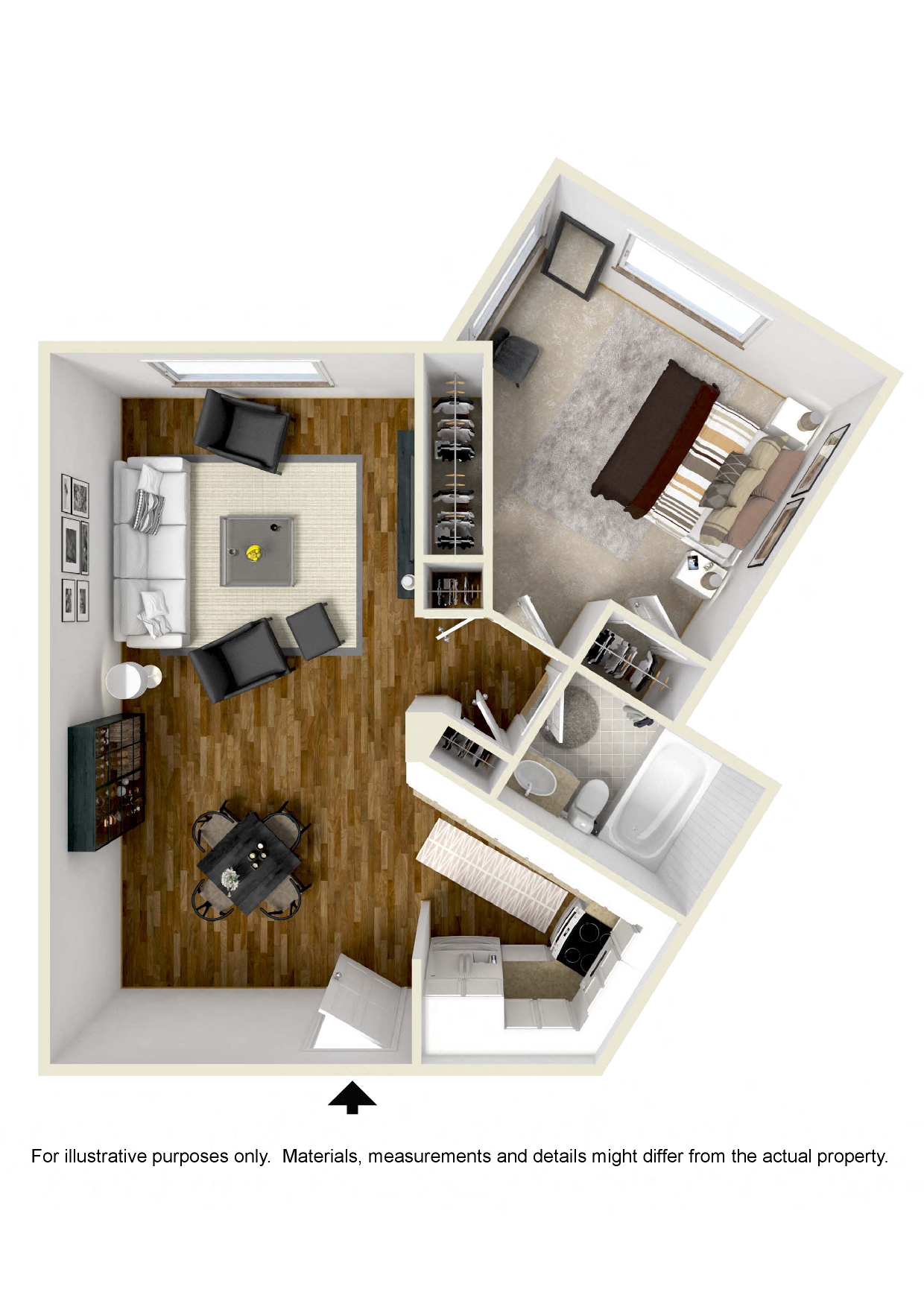 Floor plan for 1 bed, 1 bath, 650 sqft
