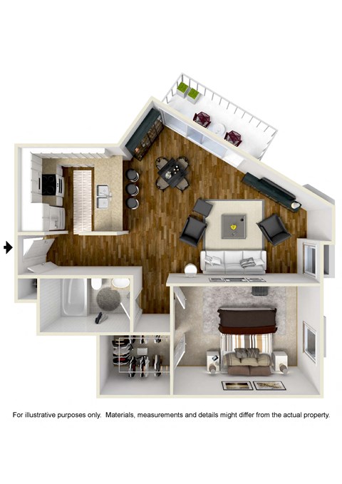 Floor plan for 1 bed, 1 bath, 675 sqft