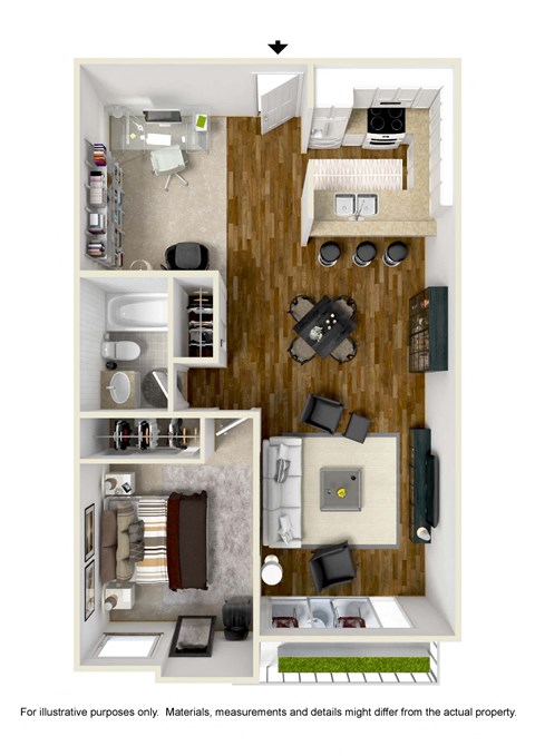 Floor plan for 1 bed, 1 bath, 725 sqft