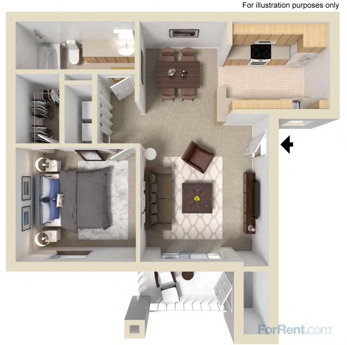 Floor plan for 1 bed, 1 bath, 700 sqft