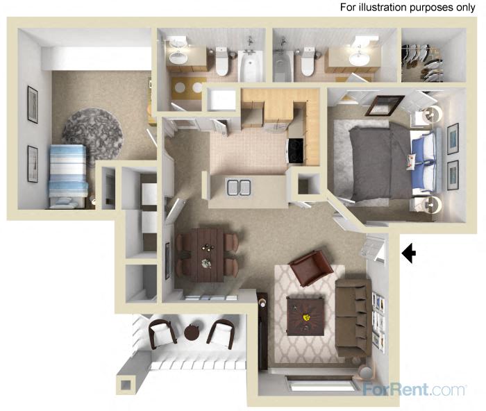 Floor plan for 2 beds, 2 baths, 938 sqft