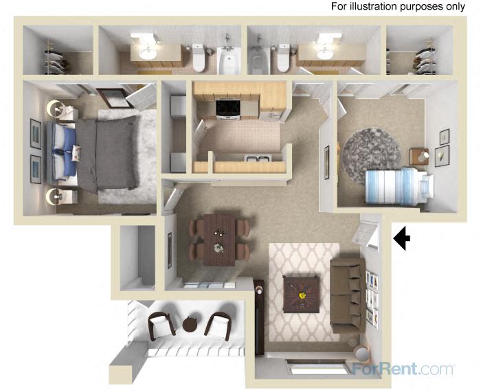 Floor plan for 2 beds, 2 baths, 1024 sqft